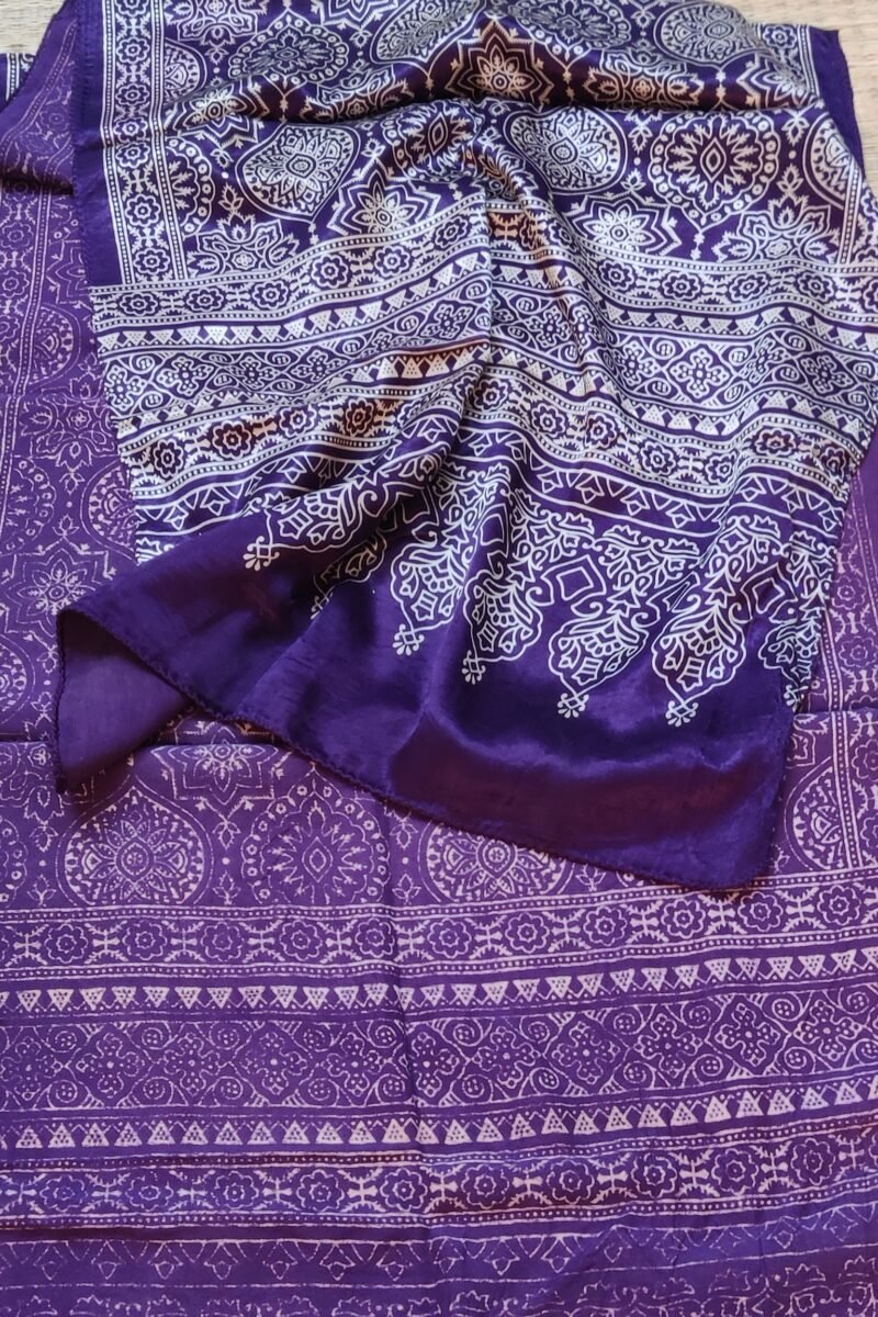 Dreamy Drapes - Purple Modal Silk Ornamental Ajrakh Stole with Framed Floral Motifs - Image 2
