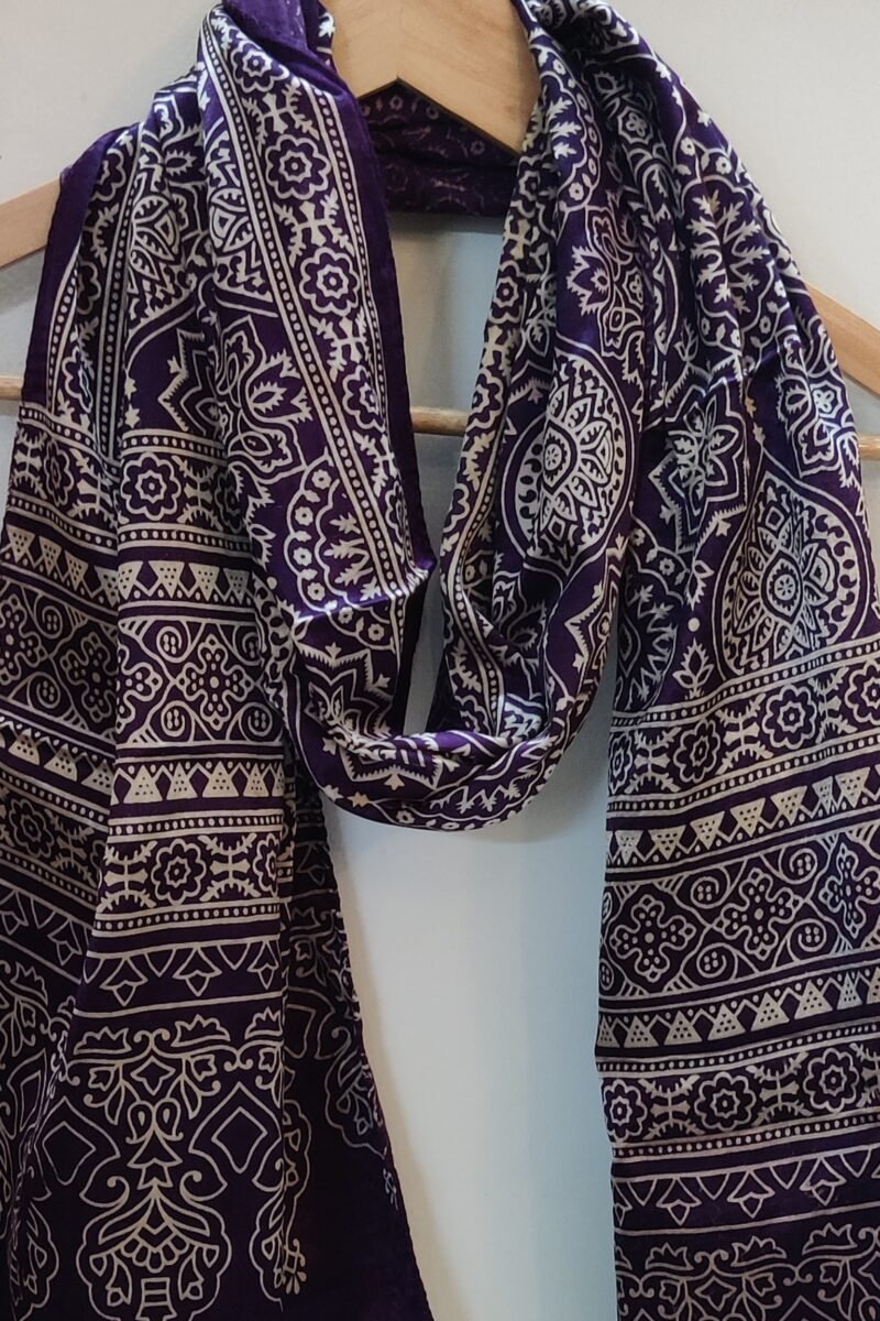 Dreamy Drapes - Purple Modal Silk Ornamental Ajrakh Stole with Framed Floral Motifs - Image 4