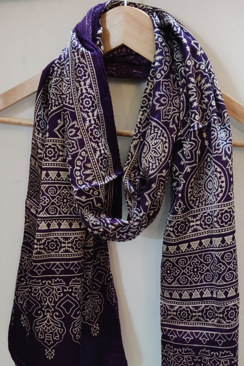 Dreamy Drapes - Purple Modal Silk Ornamental Ajrakh Stole with Framed Floral Motifs
