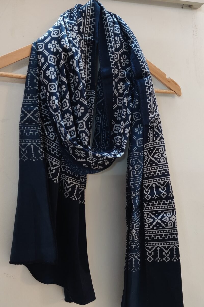 Dreamy Drapes - Indigo Blue Modal Silk Geometric Ajrakh Stole with Diagonal Dot Patterns