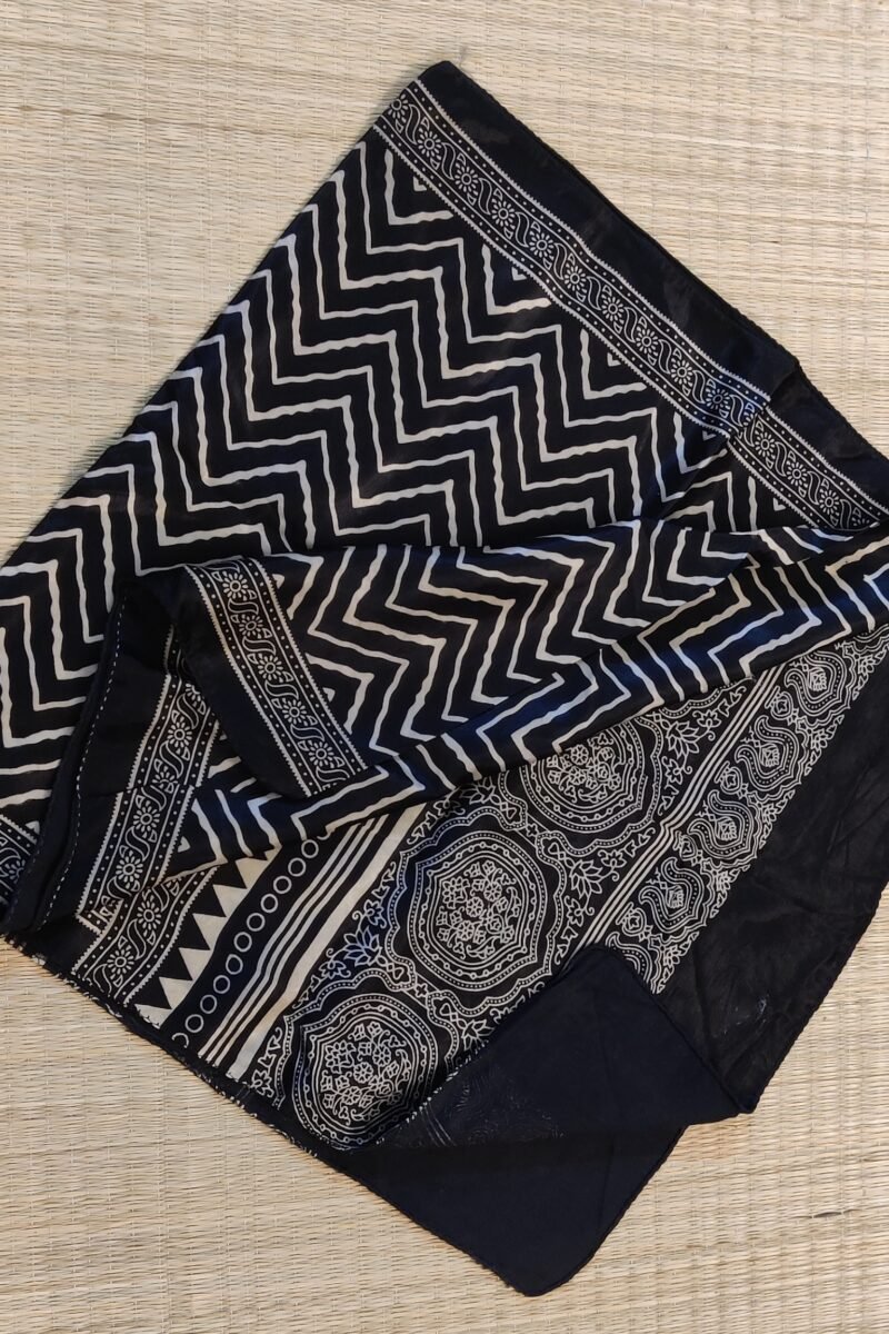 Dreamy Drapes - Black Modal Silk Ajrakh Stole with Zigzag Motifs & Horseshoe Accents - Image 8