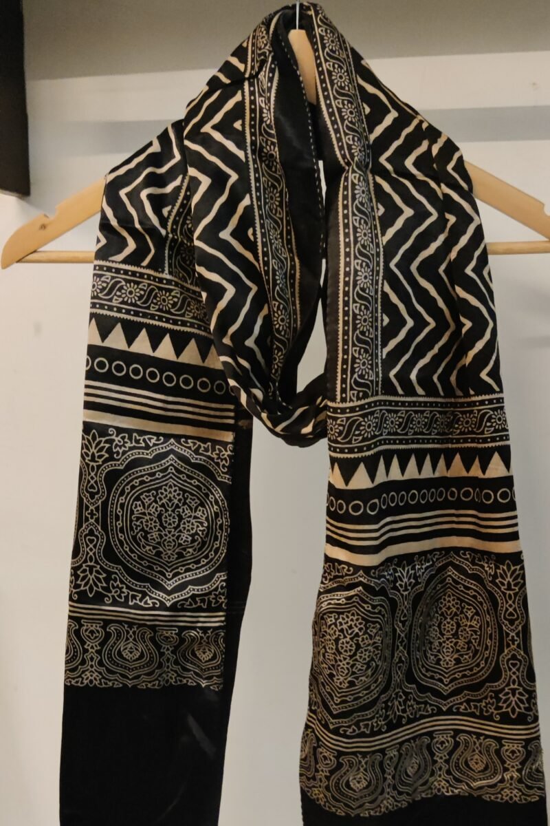 Dreamy Drapes - Black Modal Silk Ajrakh Stole with Zigzag Motifs & Horseshoe Accents
