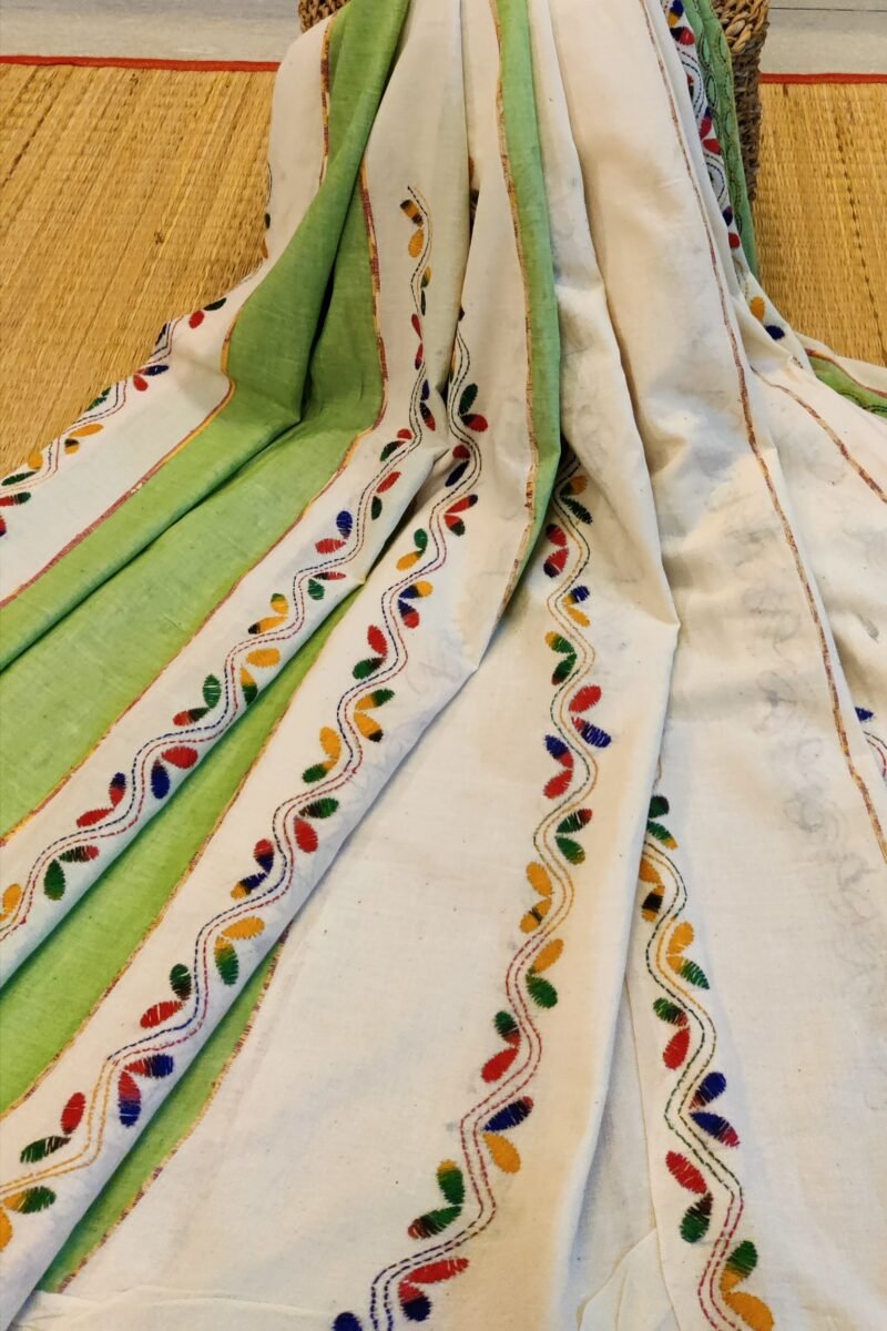 Khesh Katha: Cream Khesh Cotton Saree with Leaf Green Stripes and Multicolor Petal Kantha Embroidery - Image 2