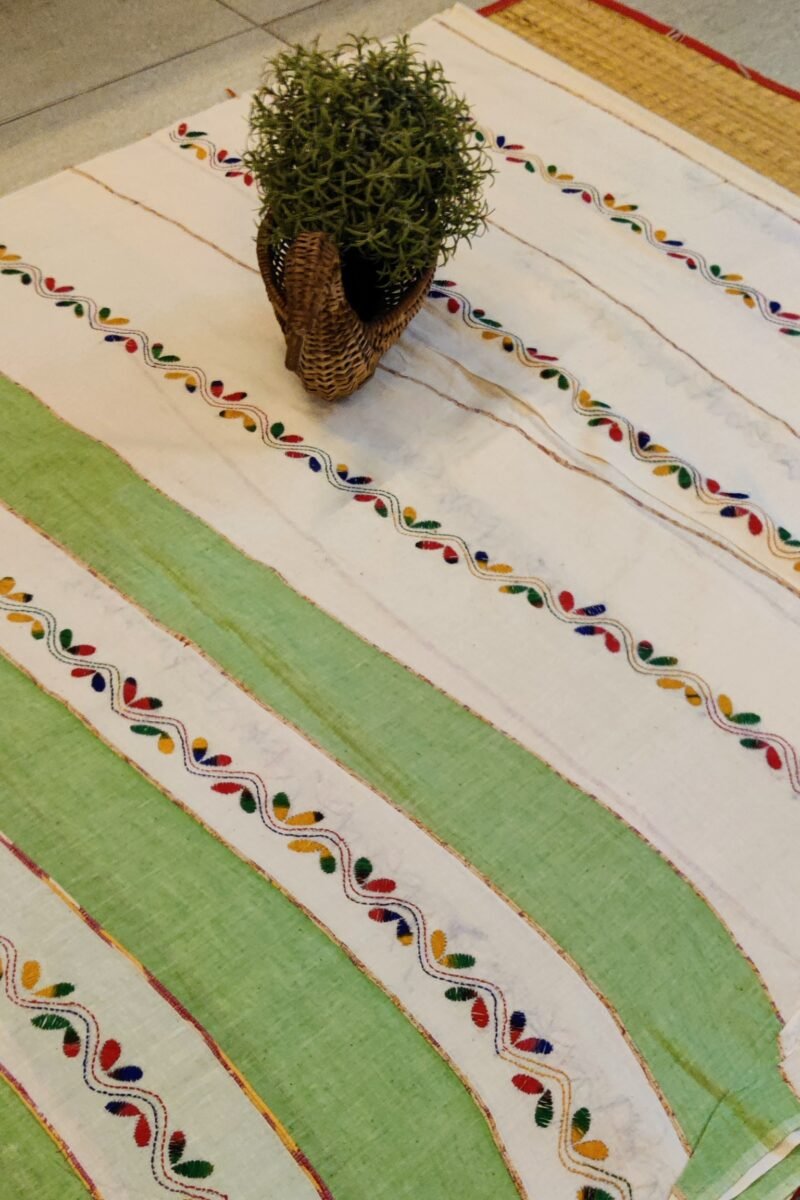 Khesh Katha: Cream Khesh Cotton Saree with Leaf Green Stripes and Multicolor Petal Kantha Embroidery - Image 3