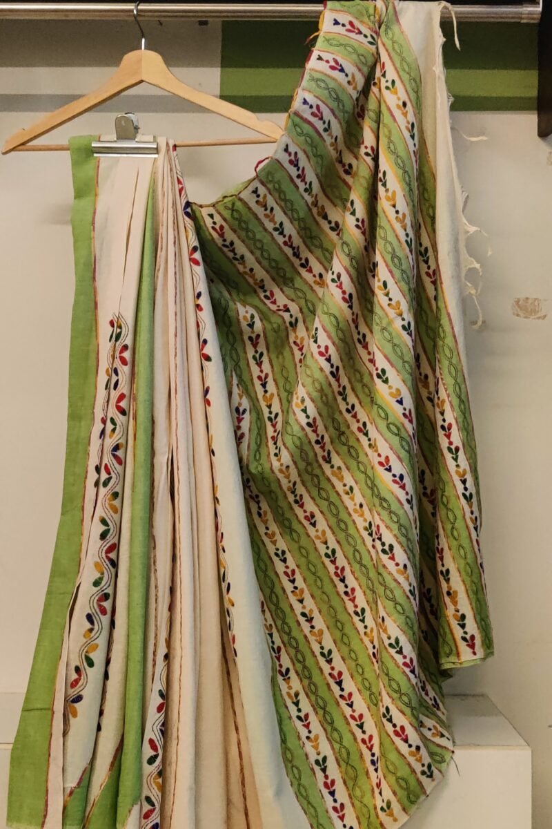Khesh Katha: Cream Khesh Cotton Saree with Leaf Green Stripes and Multicolor Petal Kantha Embroidery - Image 4