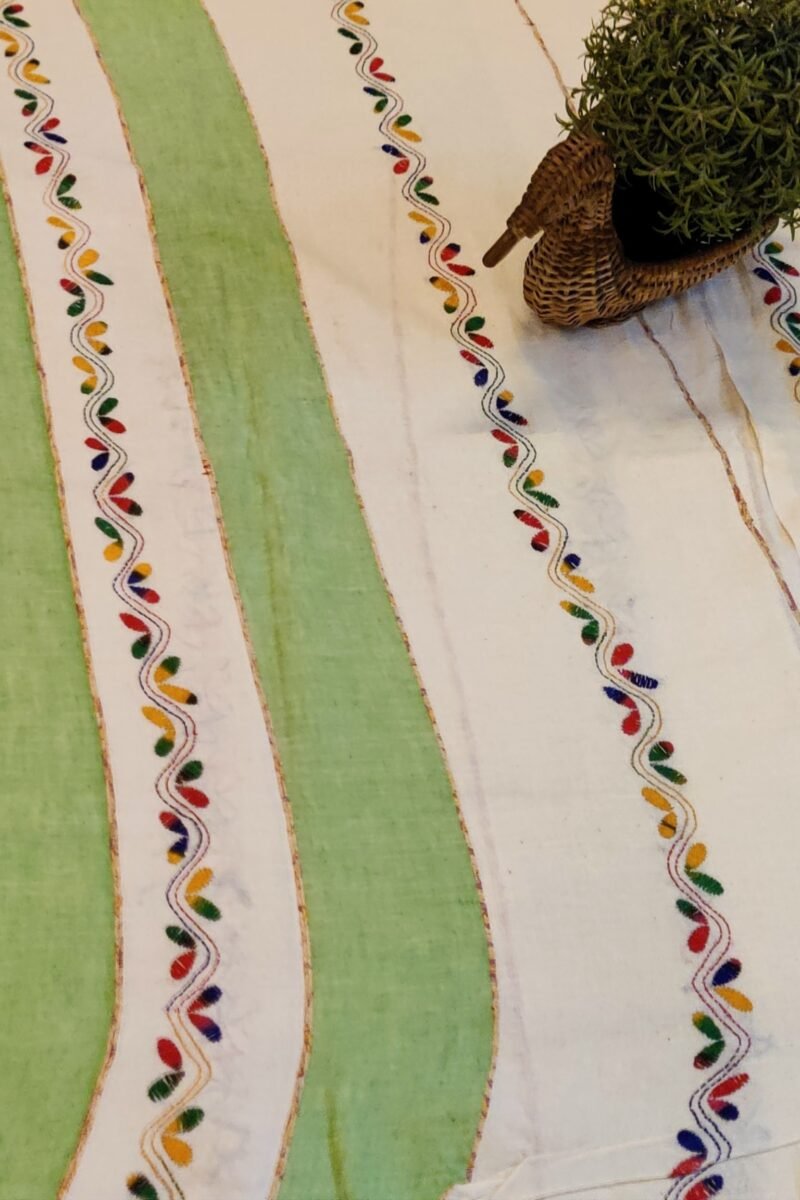 Khesh Katha: Cream Khesh Cotton Saree with Leaf Green Stripes and Multicolor Petal Kantha Embroidery - Image 5