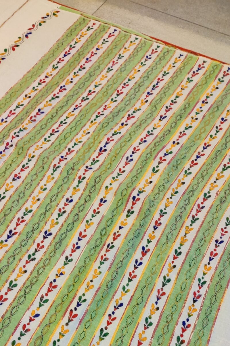 Khesh Katha: Cream Khesh Cotton Saree with Leaf Green Stripes and Multicolor Petal Kantha Embroidery - Image 6