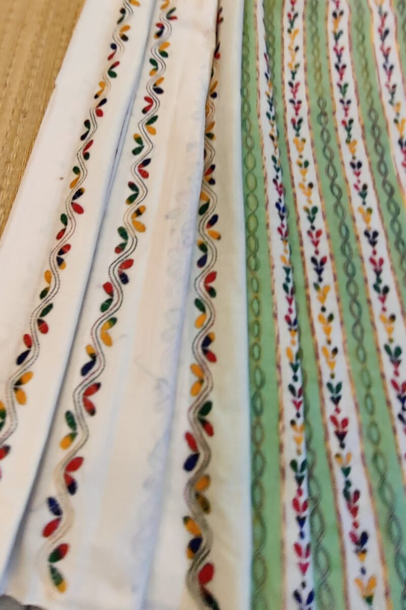 Khesh Katha: Cream Khesh Cotton Saree with Leaf Green Stripes and Multicolor Petal Kantha Embroidery - Image 7