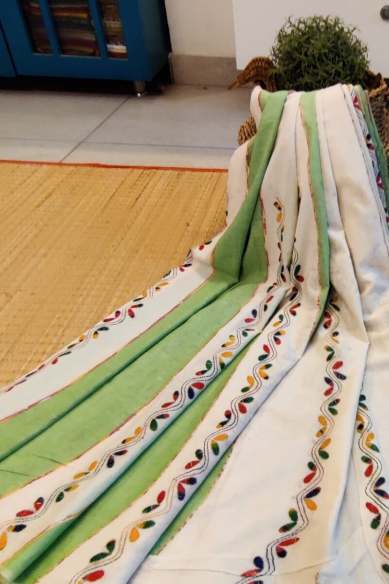 Khesh Katha: Cream Khesh Cotton Saree with Leaf Green Stripes and Multicolor Petal Kantha Embroidery - Image 8