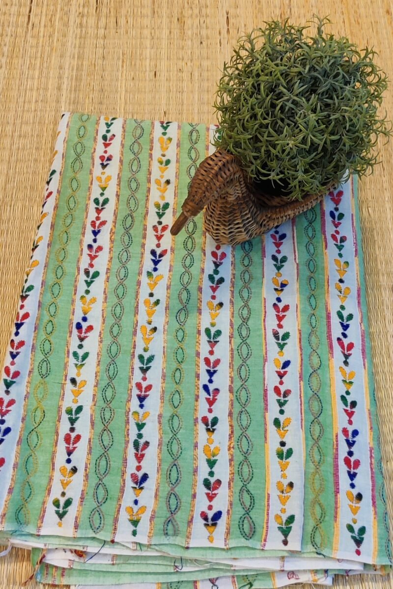 Khesh Katha: Cream Khesh Cotton Saree with Leaf Green Stripes and Multicolor Petal Kantha Embroidery