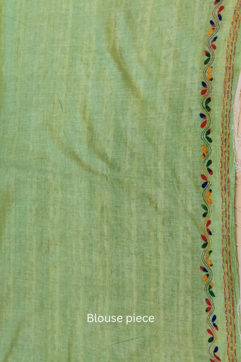 Khesh Katha: Cream Khesh Cotton Saree with Leaf Green Stripes and Multicolor Petal Kantha Embroidery - Image 9