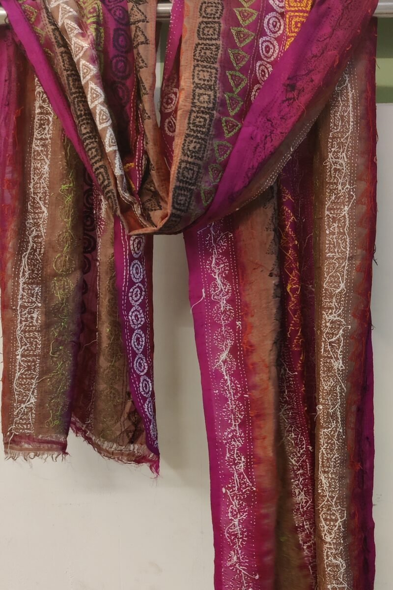 Dreamy Drapes - Hot Pink and Light Brown Kantha Embroidered Geometric Pattern Tussar Silk Dupatta - Image 3