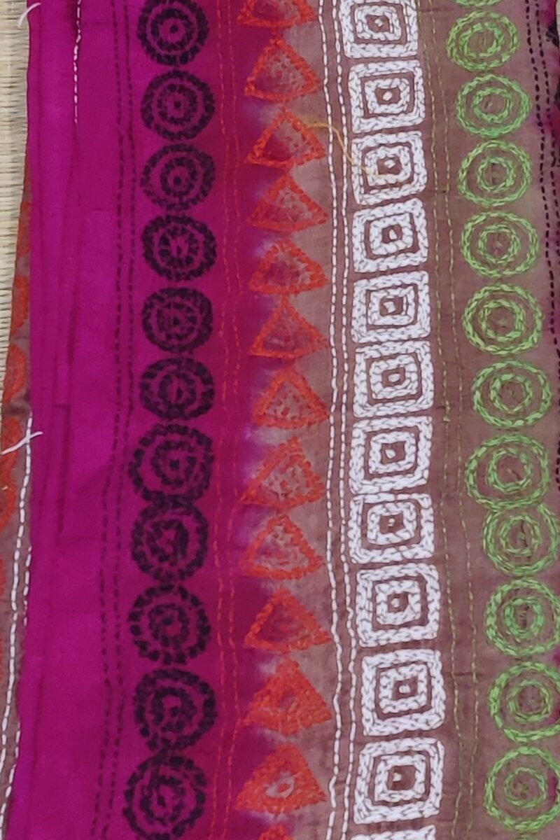 Dreamy Drapes - Hot Pink and Light Brown Kantha Embroidered Geometric Pattern Tussar Silk Dupatta - Image 6