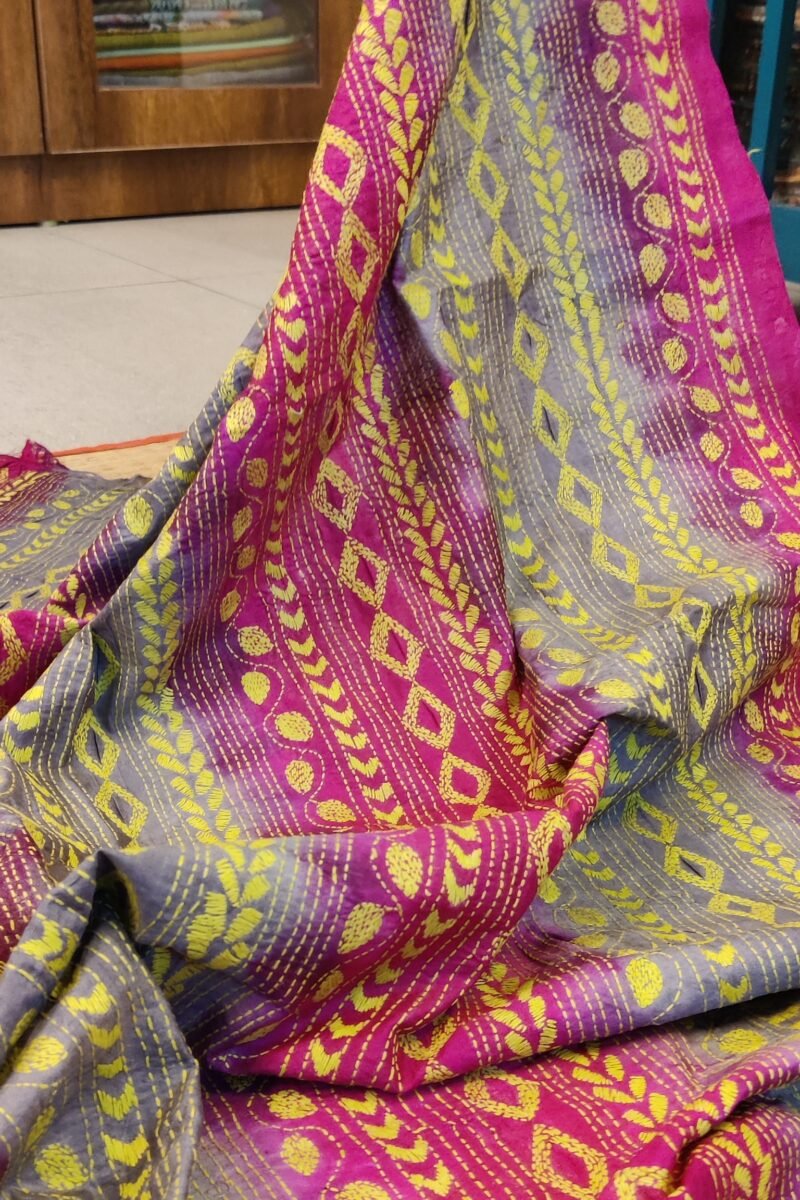 Dreamy Drapes - Bright Pink and Grey Kantha Embroidered Leaf and Diamond Pattern Tussar Silk Dupatta - Image 2