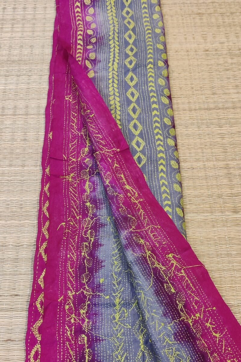 Dreamy Drapes - Bright Pink and Grey Kantha Embroidered Leaf and Diamond Pattern Tussar Silk Dupatta - Image 6