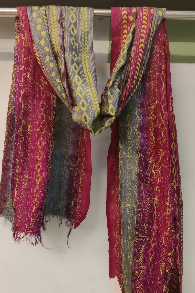 Dreamy Drapes - Bright Pink and Grey Kantha Embroidered Leaf and Diamond Pattern Tussar Silk Dupatta