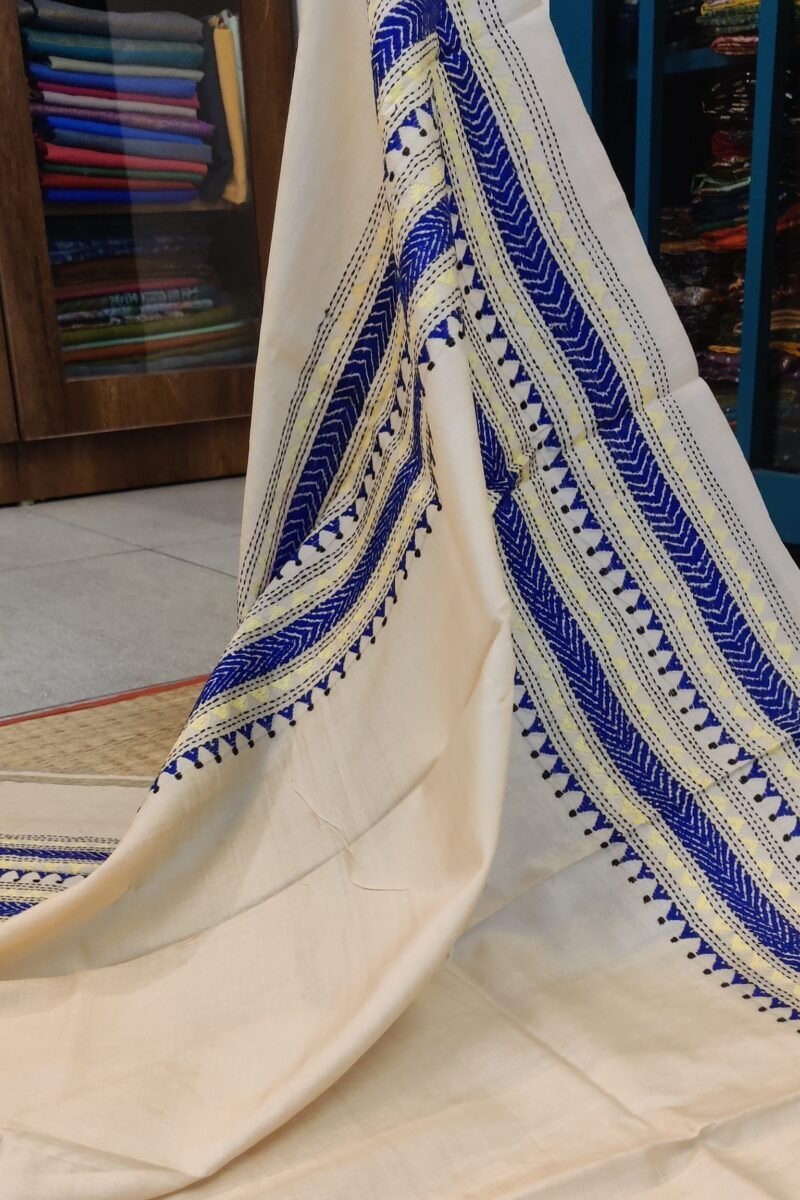 Dreamy Drapes - Cream Tussar Silk Dupatta with Kantha Embroidered Border and Triangular Motifs - Image 2