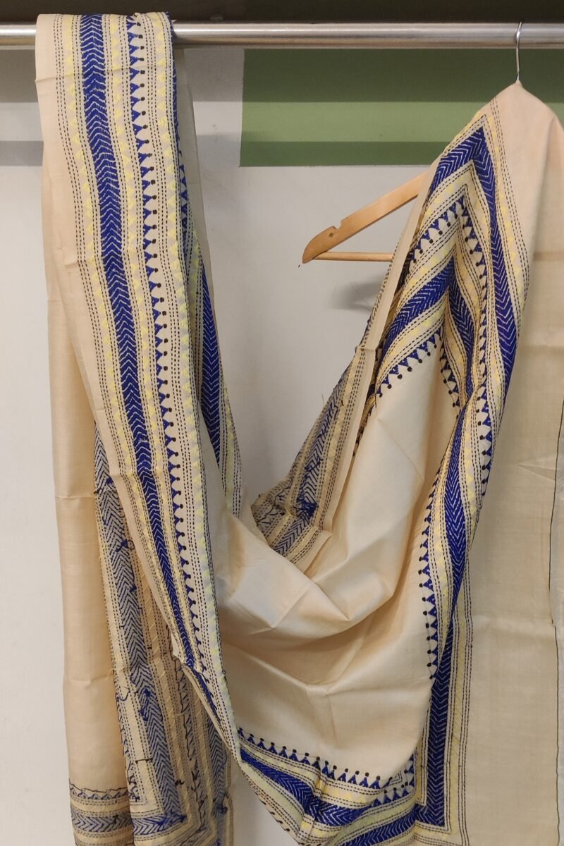 Dreamy Drapes - Cream Tussar Silk Dupatta with Kantha Embroidered Border and Triangular Motifs - Image 3