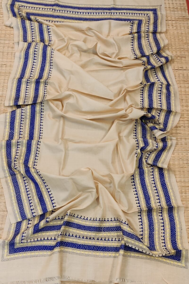 Dreamy Drapes - Cream Tussar Silk Dupatta with Kantha Embroidered Border and Triangular Motifs - Image 4