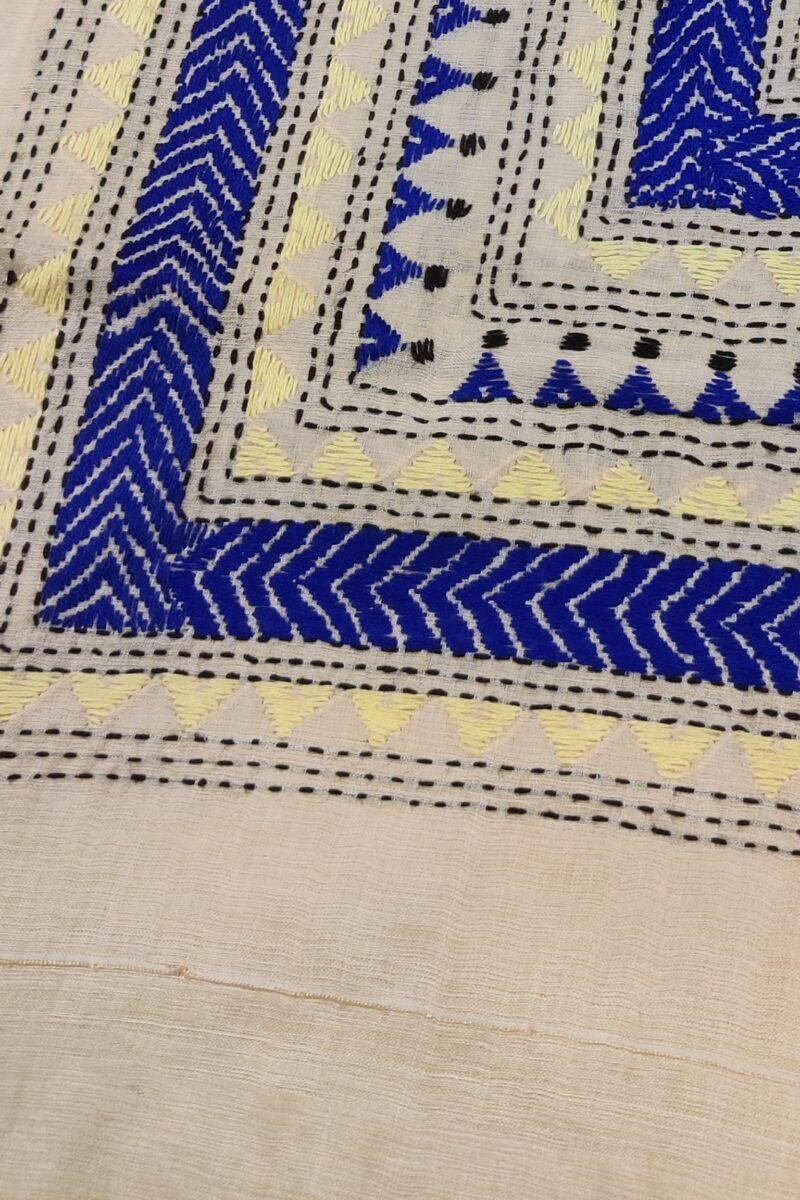 Dreamy Drapes - Cream Tussar Silk Dupatta with Kantha Embroidered Border and Triangular Motifs - Image 7