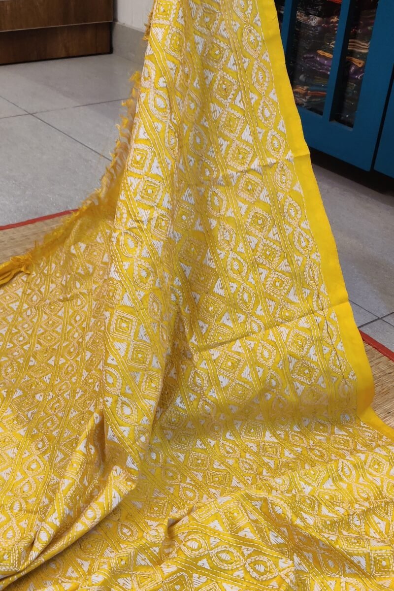 Dreamy Drapes - Bright Yellow Tussar Silk Dupatta with All-Over White Kantha Embroidery - Image 2