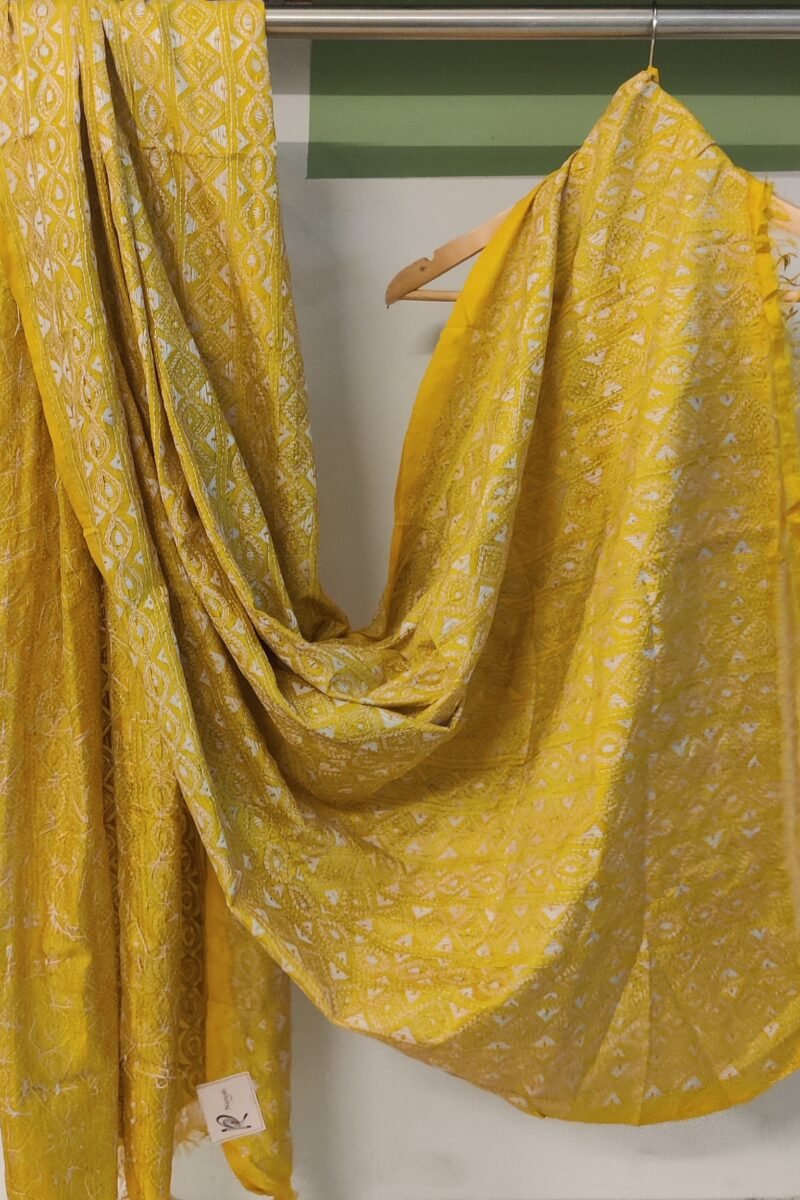 Dreamy Drapes - Bright Yellow Tussar Silk Dupatta with All-Over White Kantha Embroidery - Image 3