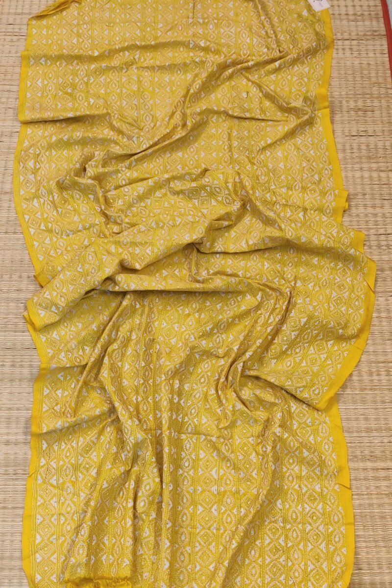 Dreamy Drapes - Bright Yellow Tussar Silk Dupatta with All-Over White Kantha Embroidery - Image 4