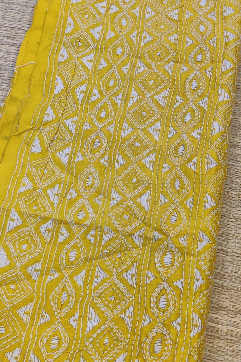 Dreamy Drapes - Bright Yellow Tussar Silk Dupatta with All-Over White Kantha Embroidery - Image 5
