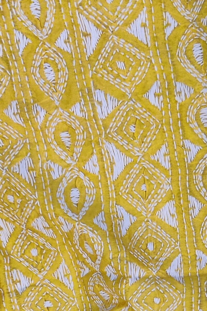 Dreamy Drapes - Bright Yellow Tussar Silk Dupatta with All-Over White Kantha Embroidery - Image 7