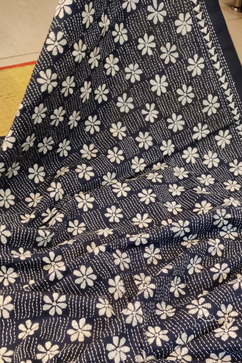 Dreamy Drapes - Blue Kantha Cotton Dupatta with White Floral and Wave Embroidery - Image 2