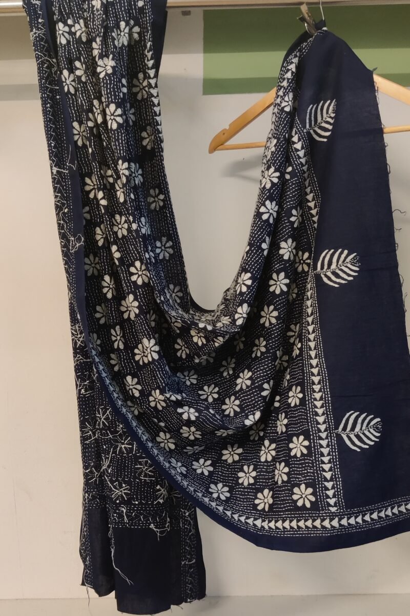 Dreamy Drapes - Blue Kantha Cotton Dupatta with White Floral and Wave Embroidery - Image 3
