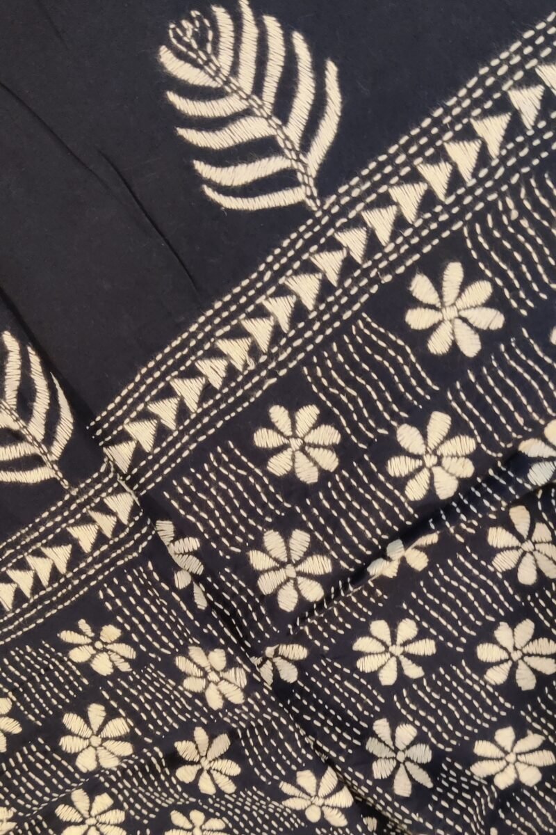 Dreamy Drapes - Blue Kantha Cotton Dupatta with White Floral and Wave Embroidery - Image 4