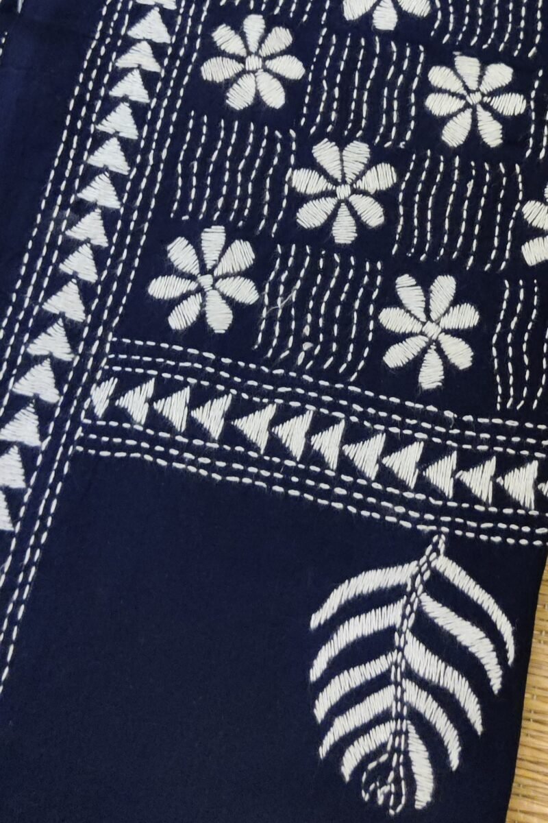 Dreamy Drapes - Blue Kantha Cotton Dupatta with White Floral and Wave Embroidery - Image 5