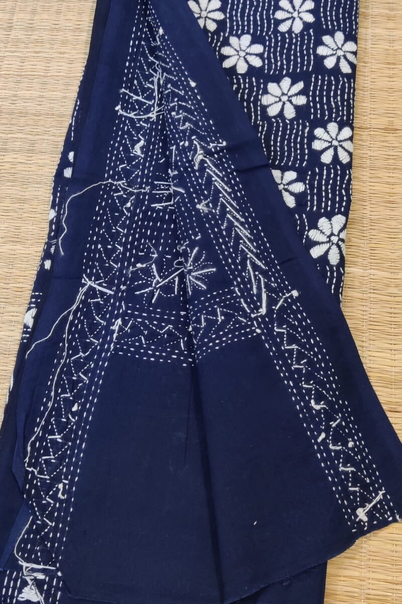 Dreamy Drapes - Blue Kantha Cotton Dupatta with White Floral and Wave Embroidery - Image 6