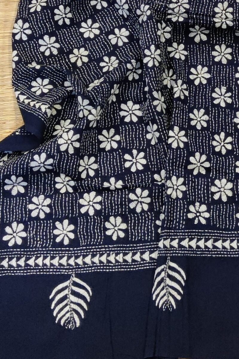 Dreamy Drapes - Blue Kantha Cotton Dupatta with White Floral and Wave Embroidery - Image 7