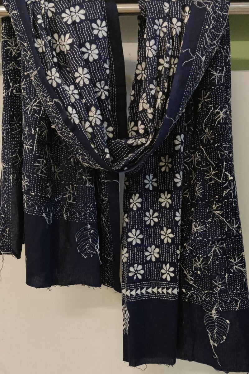 Dreamy Drapes - Blue Kantha Cotton Dupatta with White Floral and Wave Embroidery