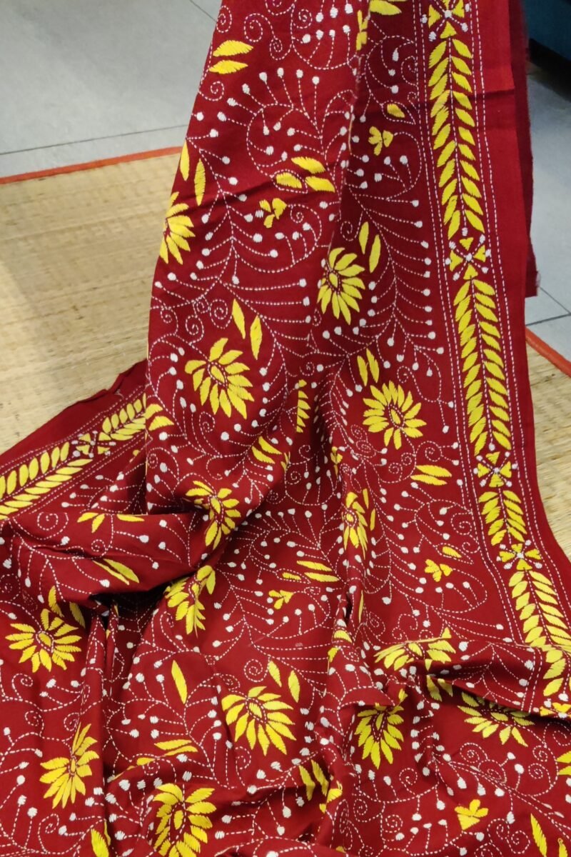 Dreamy Drapes - Maroon Kantha Cotton Dupatta with Yellow and White Floral Stem Motifs - Image 2
