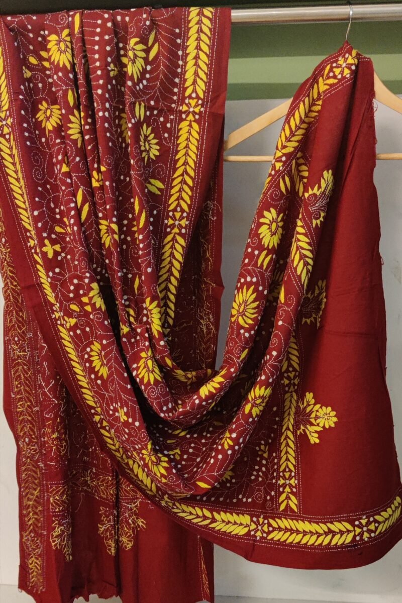 Dreamy Drapes - Maroon Kantha Cotton Dupatta with Yellow and White Floral Stem Motifs - Image 3