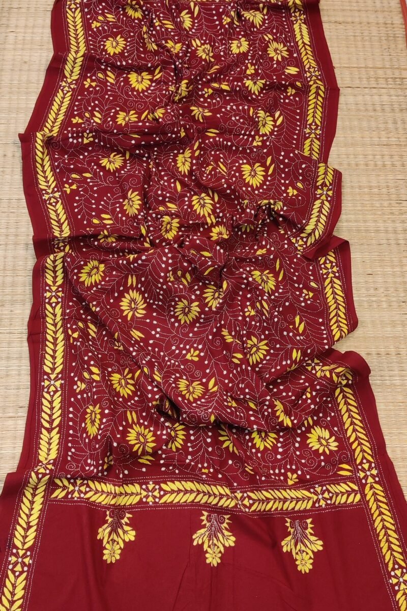 Dreamy Drapes - Maroon Kantha Cotton Dupatta with Yellow and White Floral Stem Motifs - Image 4
