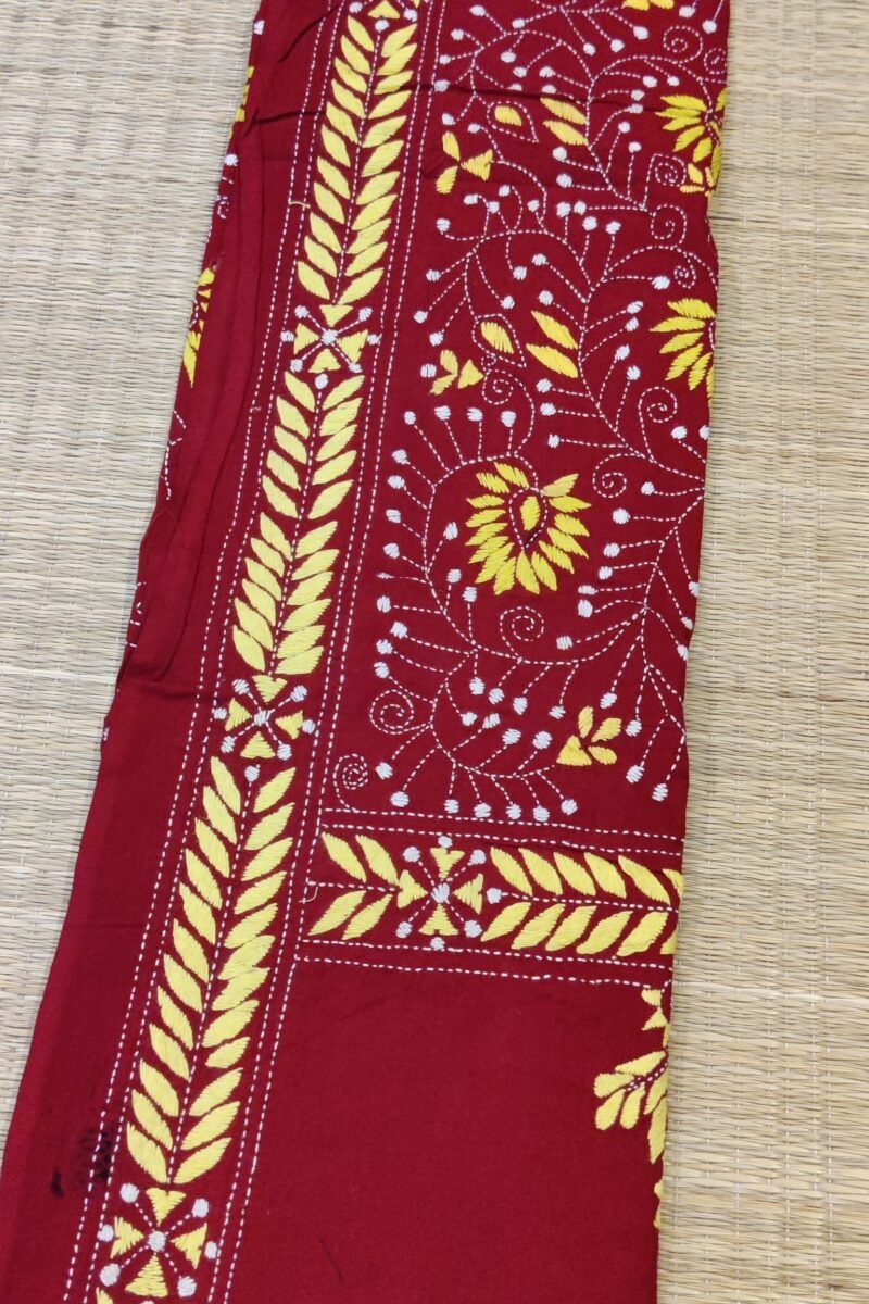 Dreamy Drapes - Maroon Kantha Cotton Dupatta with Yellow and White Floral Stem Motifs - Image 5