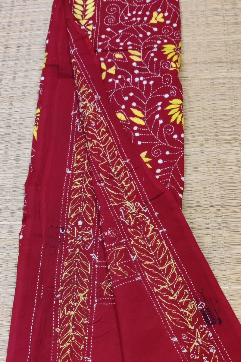 Dreamy Drapes - Maroon Kantha Cotton Dupatta with Yellow and White Floral Stem Motifs - Image 6