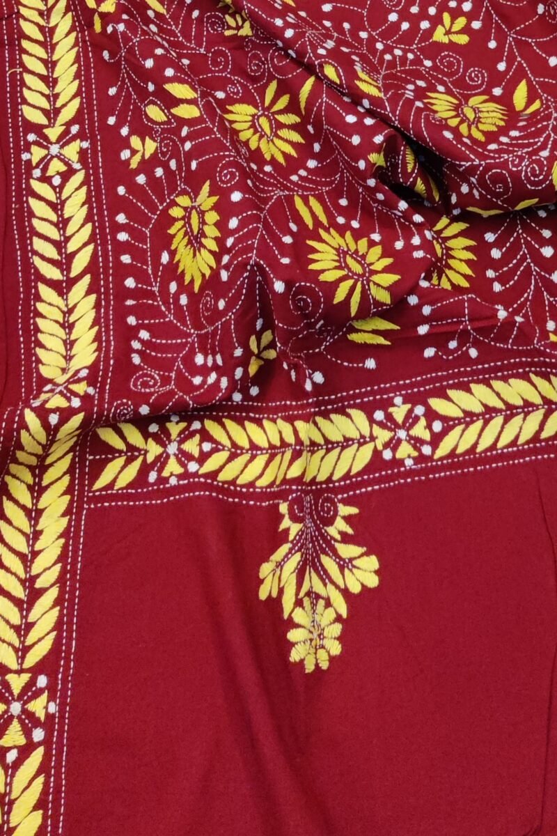 Dreamy Drapes - Maroon Kantha Cotton Dupatta with Yellow and White Floral Stem Motifs - Image 7