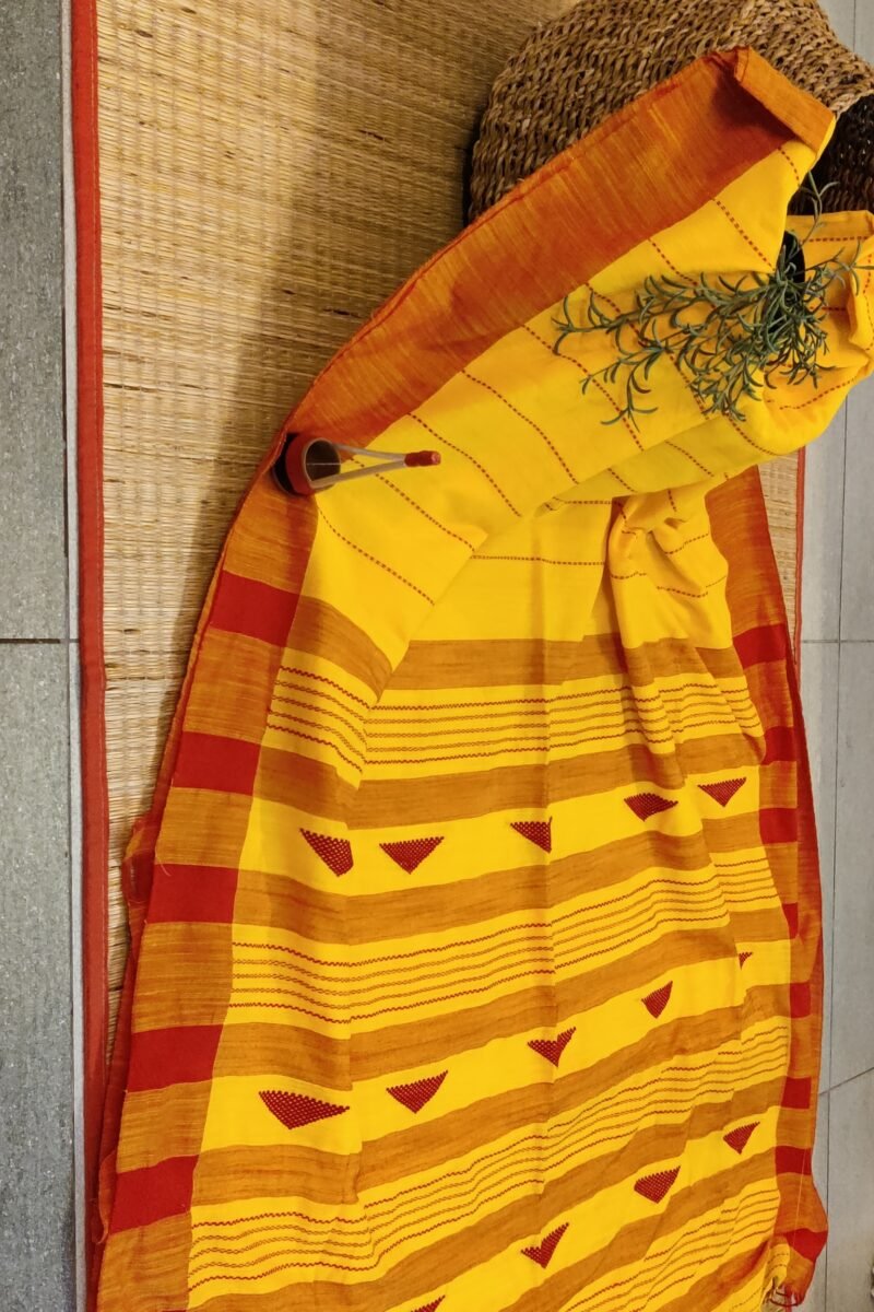 Taant Treasures - Bright Yellow and Red Cotton Handloom Saree with Red Line Kantha Stitch - Image 2