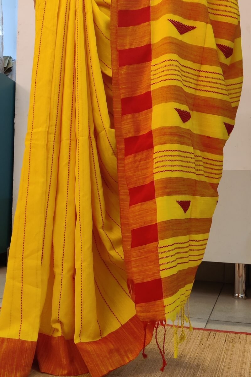Taant Treasures - Bright Yellow and Red Cotton Handloom Saree with Red Line Kantha Stitch - Image 3