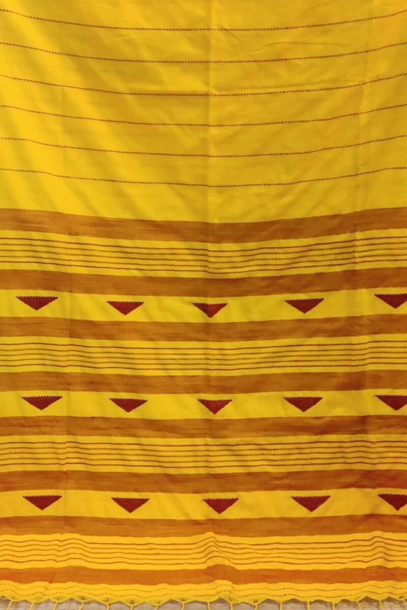 Taant Treasures - Bright Yellow and Red Cotton Handloom Saree with Red Line Kantha Stitch - Image 4