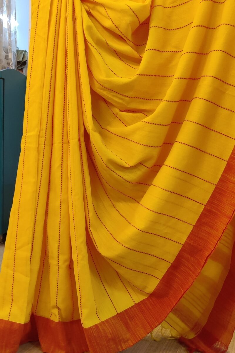 Taant Treasures - Bright Yellow and Red Cotton Handloom Saree with Red Line Kantha Stitch - Image 5