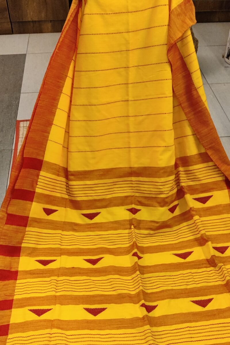 Taant Treasures - Bright Yellow and Red Cotton Handloom Saree with Red Line Kantha Stitch - Image 7