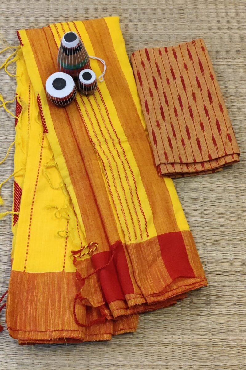 Taant Treasures - Bright Yellow and Red Cotton Handloom Saree with Red Line Kantha Stitch