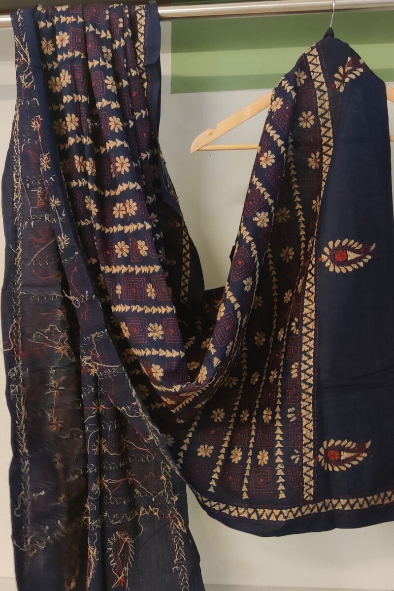 Dreamy Drapes - Navy Blue and Fawn Kantha Cotton Dupatta with Boxed Floral Alternating Motifs - Image 3