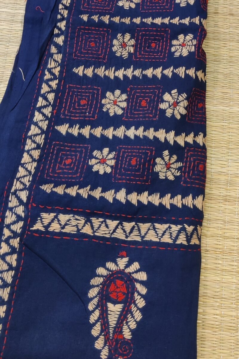 Dreamy Drapes - Navy Blue and Fawn Kantha Cotton Dupatta with Boxed Floral Alternating Motifs - Image 5